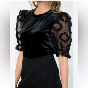 THML Womens Black Sheer Puff Sleeve Velvet Blouse Size XL Holiday Work Office